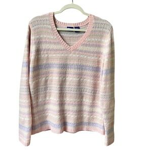 Vintage Sweater Women's Large Pastel Fair Isle Striped Pink Lilac Wool Blend 90s